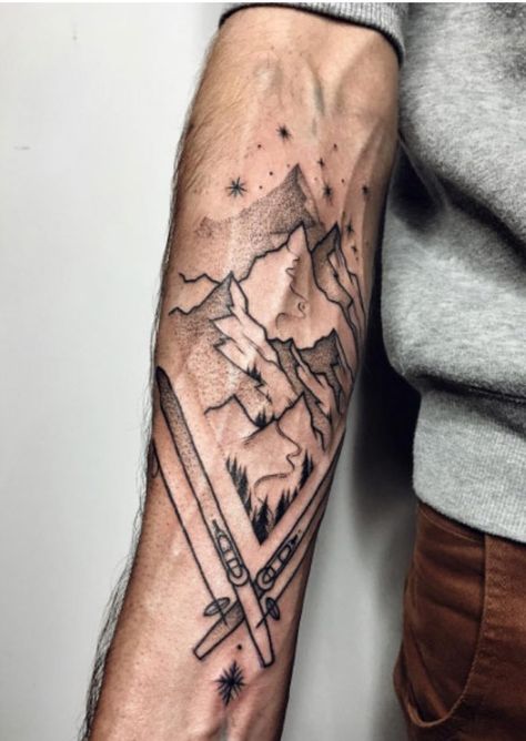 Ski Tattoo Upper Arm Tattoo Mountains, Inside Tattoo, Skiing Tattoo, Bicep Tattoos, Tattoo Mountain, Tattoos About Mom, Tattoos Dainty, Tattoos Cross, Tattoos For Moms With Kids