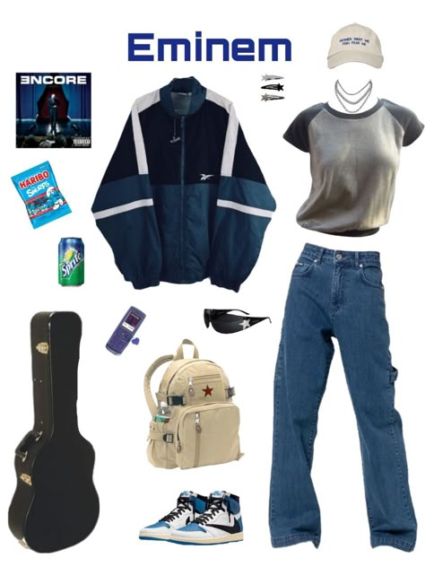 Cute Style Outfits Girly Tomboy, Eminem Outfits Ideas, Eminem Costume Girl, 2000s Tomboy Outfits, Eminem Outfits Girl, Eminem Aesthetic Outfit, Eminem 90s Style, Eminem Outfits 90s, Eminem Style Girl