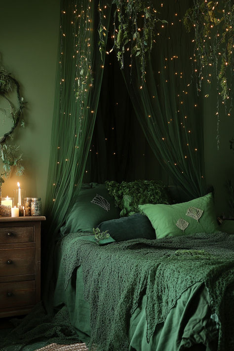 Transform your bedroom into a mystical haven with these 30+ witchy ideas. Blend magic and modern style with enchanting decor, from moon-themed accents to crystal displays. Create your own magical retreat! 🌟🔮 #WitchyBedroom #MagicalDecor #ModernWitch #HomeStyle Forest Green Aesthetic Bedroom, Witchy Minimalist Decor, Dark Forest Bedroom Ideas, Witch's Bedroom, Wiccan Bedroom, Enchanted Forest Bedroom Ideas, Dark Witchy Bedroom, Bedroom Aesthetic Green, Green And Purple Bedroom