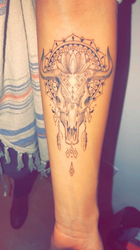 bull skull mandala tattoo Skull Mandala Tattoo, Mandala Arm Tattoo, Tato Mandala, Native American Tattoo Designs, Tato Maori, Bull Skull Tattoos, Bull Tattoos, Taurus Tattoos, Forearm Sleeve Tattoos