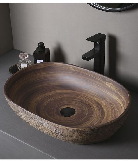 Retro Style Countertop Ceramic Basin Oval Imitation Wood Grain Wood Color Bathroom Wash Basin Wooden Sink, Lavatory Sink, Vessel Sink Bathroom, Bowl Sink, Basin Sink, Bathroom Basin, Bathroom Sink Vanity, Ceramic Sink, Bathroom Colors