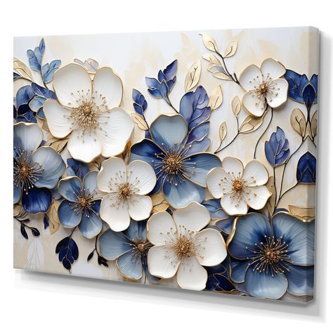 This beautiful "Blue And Gold Minimalism Violets " Canvas Art is printed using the highest quality fade resistant ink on canvas. Every one of our Floral Wall art is printed on premium quality cotton canvas. Wall Art Designs Living Room, Decorative Art Painting, Blue Wall Ideas, Wall Art Living Room Decor Ideas, Blue Painting Ideas, Texture Art On Canvas, Art For Walls Decorating Ideas, Blue And Gold Living Room, Painting For Room