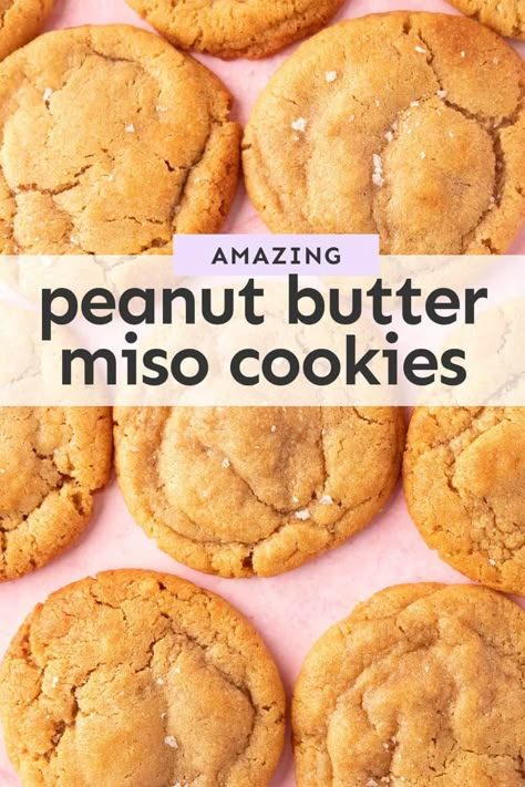 Chewy Peanut Butter Miso Cookies made with brown butter. You can expect sweet and salty caramel-like cookies with crispy edges and a soft, buttery centre. No electric mixer needed! Recipe from sweetestmenu.com #cookies #miso #peanutbutter #recipe Miso Brown Butter Cookies, Browned Butter Peanut Butter Cookies, Miso Peanut Butter Cookies, No Butter Cookies Recipes, Peanut Butter Miso Cookies, Miso Cookie Recipe, Miso Dessert Recipes, Cookies With No Butter, Miso Cookies