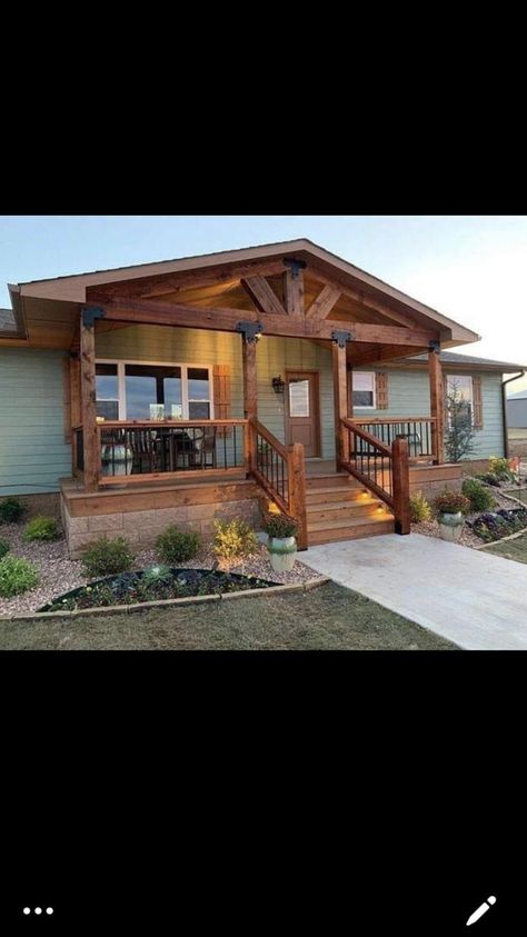 Back Decks For Mobile Homes, Manufactured Home With Porch, Black Double Wide Mobile Home Exterior, Trailer Addition Ideas, Mobile Home Addition Ideas Double Wide, Doublewide Porch Ideas, Black Mobile Home Exterior, Mobile Home Porch Ideas, Mobile Home Landscaping