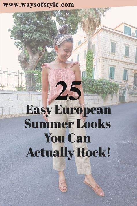 Are you tired of rummaging through your suitcase to find the perfect vacation outfit? Say goodbye to that 👋🏼 Discover our 30-piece capsule wardrobe specifically designed for travel! (Summer in Europe edition!). I'm also sharing 25 outfit ideas to inspire you! But with these 30 pieces you'll be able to create MANY MORE CHIC LOOKS! It all depends on your personal style 💃🏻 #capsulewardrobefortravel #packingguide #packinglist #minimalisttravel #summerineurope Capsule Wardrobe Vacation Summer, Capsule Wardrobe Summer Europe, Europe Wardrobe Capsule, Walking In Europe Outfit, Dressing For Europe Summer, Travel Capsule Summer Europe, Summer Europe Vacation Outfits, European Summer Vacation Outfits, Summer Travel Capsule