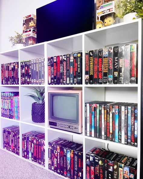 Movie Collection | VHS Shelfie | Horror Collector Inspo | Retro Aesthetics 90’s Room, Vhs Storage, Vhs Display, Collectors Room Ideas, Sitting Corner, Video Rental Store, Horror Movie Room, Inside Of House, I Attract Money