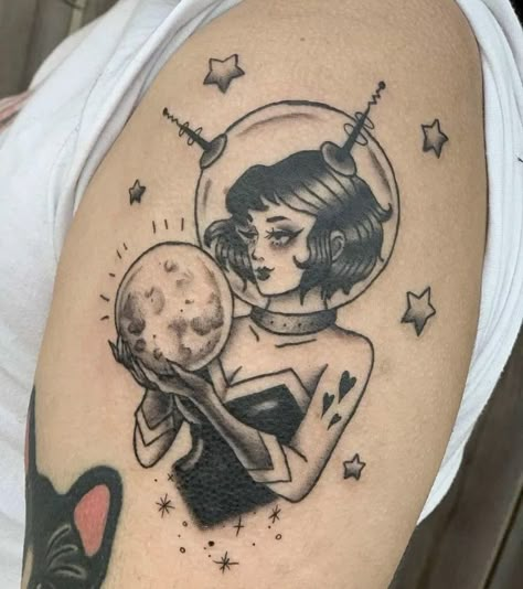 60s Art Tattoo, Space Babe Tattoo, Space Lady Tattoo, Space Age Tattoo, 50s Inspired Tattoos, Retro Futuristic Tattoo, Pinup Face Tattoo, Space Cowgirl Tattoo, Retro Futurism Tattoo