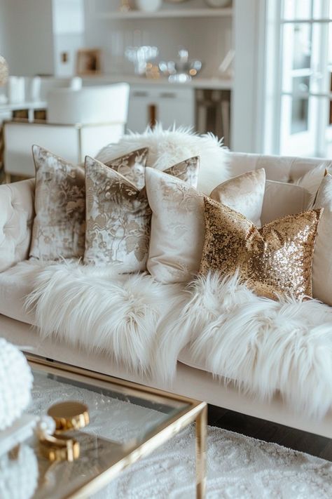 Stylish Glam Living Room: Gold Accents Neutral Feminine Living Room, Neutral Living Room With Gold Accents, Show The Most Beautiful Silver Glam Living Rooms, Gold House Decor Interior Design, Gold And Cream Living Room, White And Gold Living Room Ideas, Living Room Gold Accents, Room Ideas Glam, Gold And White Living Room