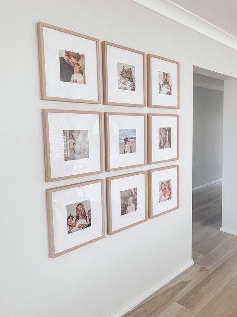 Photo Wall Wood Frames, 16x16 Picture Frame Wall, Light Wood Gallery Wall, Small Wood Photo Wall, 6 Square Frame Gallery Wall, Photo Wall In Hallway, Family Friendly Living Room Ideas, Gallery Wall Photos Family, Photo Wall Gallery Living Rooms