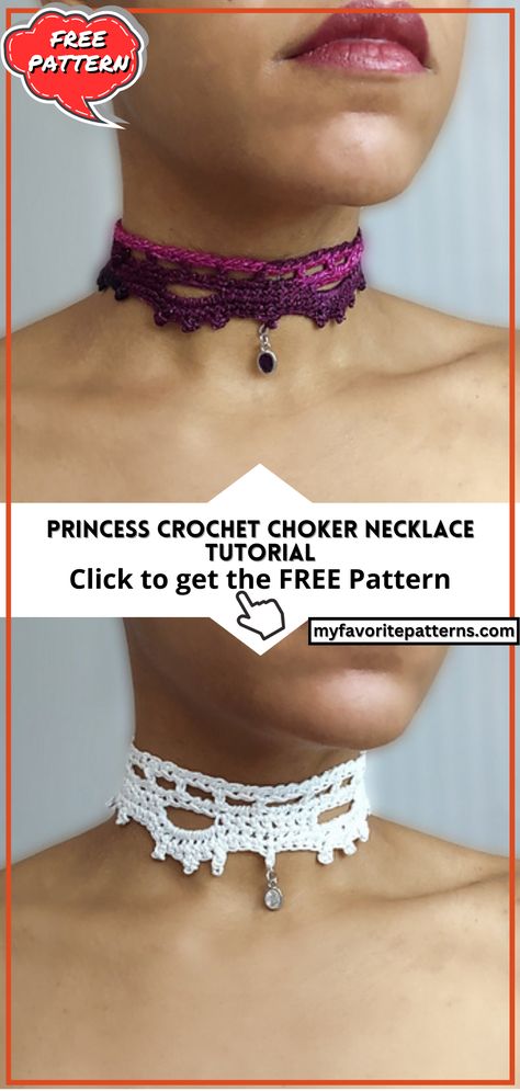 Princess Crochet Choker Necklace Tutorial Crochet Necklace Pattern Free, Crochet Necklace Tutorial, Choker Patterns, World Of Wearable Art, Crochet Collar Pattern, Crochet Choker, Crochet Bracelet Pattern, Crochet Necklace Pattern, Trendy Chokers