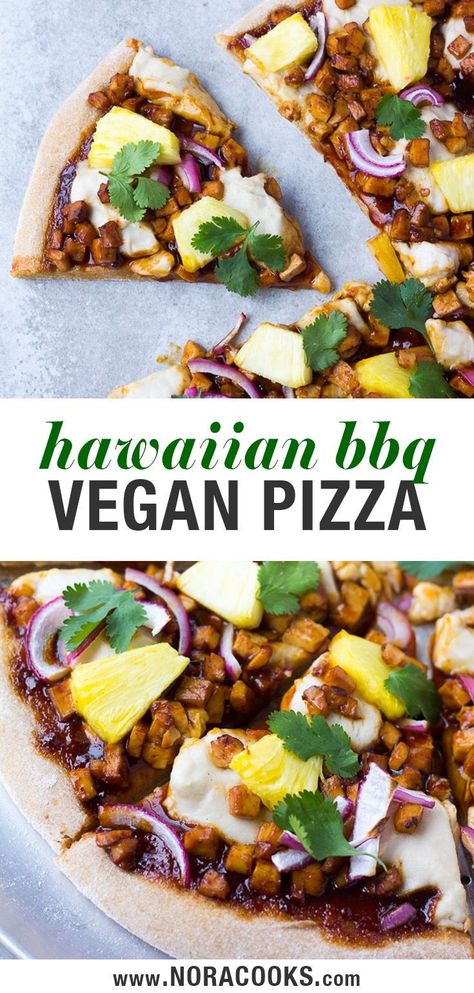 This Hawaiian BBQ Vegan Pizza has tasty barbecue tofu pieces, fresh pineapple, and homemade vegan mozzarella cheese. A classic healthy comfort food the kids will go crazy for! #vegan #pizza #dinner #kidfriendly #plantbased Vegetarian Bbq Pizza, Vegan Bbq Pizza, Vegan Hawaiian Pizza, Hawaiian Vegan Food, Plant Based Bbq Recipes, Vegan Hawaiian Food, Tofu Pizza, Bbq Vegan, Vegan Mozzarella Cheese