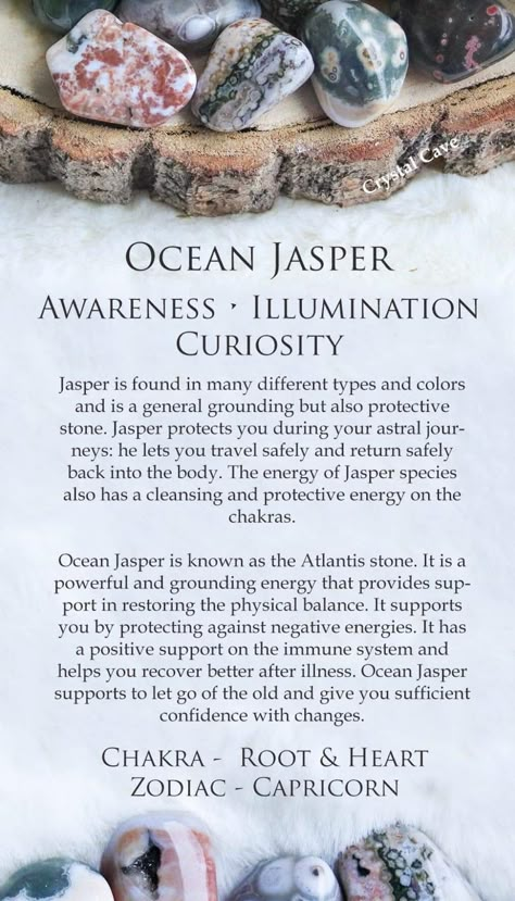 Ocean Jasper Crystal Meaning, Ocean Jasper Meaning, Energy Stones Crystal Healing, Crystal Identification, Crystals Healing Grids, Sea Jasper, Crystal Healing Chart, Healing Crystals Meanings, Crystal Vibes