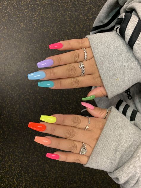 Acrylic Nails All Different Colors, Acrylic Nails Two Colors On Each Hand, Nails Two Hands Different Color, Bright Colors Nails Acrylic, Different Color Nails On Each Finger, Nails With Two Different Colored Hands, Multicolour Acrylic Nails, Nails Acrylic Coffin Bright Colors, Bright Different Color Nails