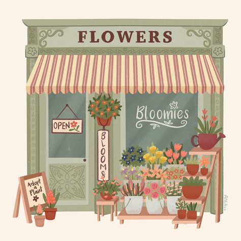 Whimsical Art Journal, Building Illustration, Flower Store, Shop Illustration, Architecture Drawing Art, Cafe Art, Easy Watercolor, Mother Earth, Flower Shop