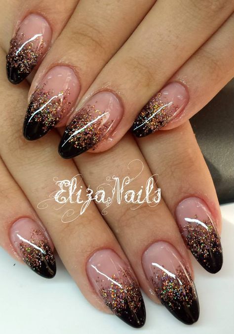 Brown Black Gold Nails, Black And Gold Nails For Wedding, Gold Nails Black Tips, Black Tip Glitter Nails, Black To Gold Ombre Nails, Red Gold Ombre Nails Glitter, Black Nails With Gold Glitter Ombre, Gel Nails Black And Gold, Nail Art Design Black And Gold