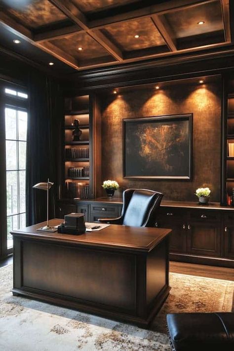 28 Home Office Ideas That You Should Try - Drop By My Home Moody Modern Home Office, Dark Moody Office Home Office, Executive Office Design Modern, Small Lawyer Office Design, Home Office Dark Walls, Conference Room Design Luxury, Ceo Office Room Luxury, Dark Green Office Ideas, Office And Den Combo