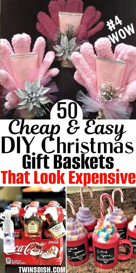 Cheap Christmas gift baskets Diy for couples, families, women, kids, men, teens, and even mom! This gift list includes the best dollar tree ideas for coworkers and teachers too like a spa kit and wine basket that don't look cheap but are! Cheap Christmas Gift Baskets, Diy For Couples, Gift Baskets Diy, Dollar Tree Ideas, Cheap Christmas Gift, Unique Christmas Gifts Diy, Baskets Diy, Wine Basket, Homemade Gift Baskets