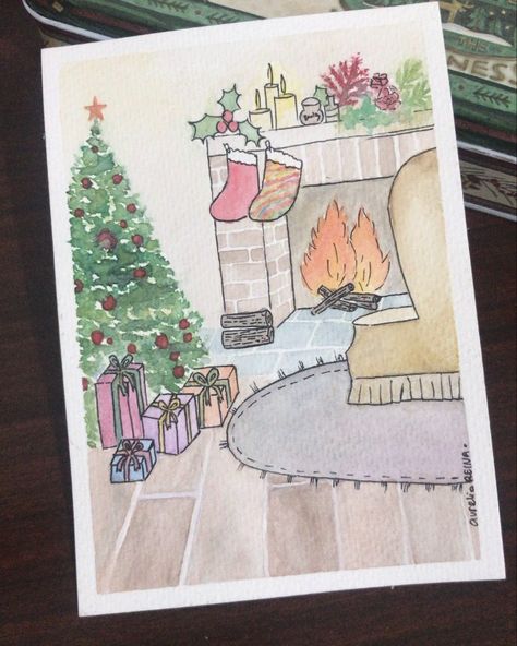 Fireplace Drawing, Watercolour Drawings, Winter Drawings, Paint Inspiration, Christmas Fireplace, Cozy Fireplace, Christmas Drawing, Easy Watercolor, Drawing Easy