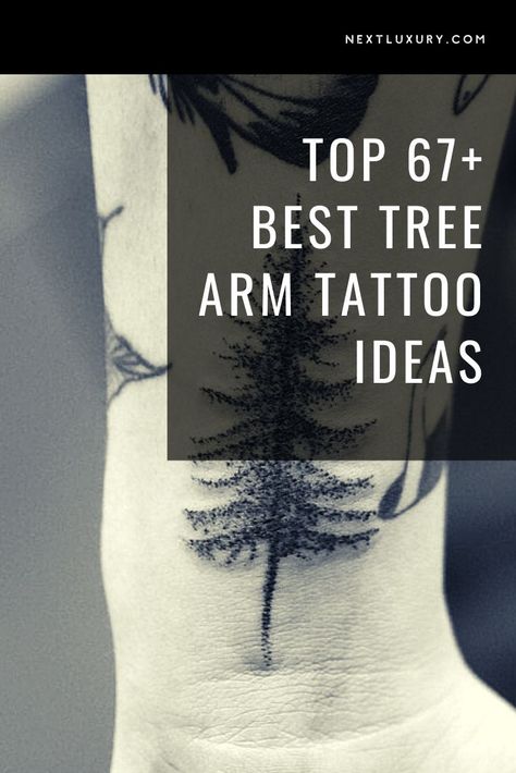 Tattoo Trees Arm, Trees Around Wrist Tattoo, Woods Tattoo Sleeve Women, Tree Of Life Tattoo Forearm Women, Tattoos With Negative Space, Half Tree Tattoo, Conifer Tree Tattoo, 3 Trees Tattoo, Mens Nature Tattoo Sleeve