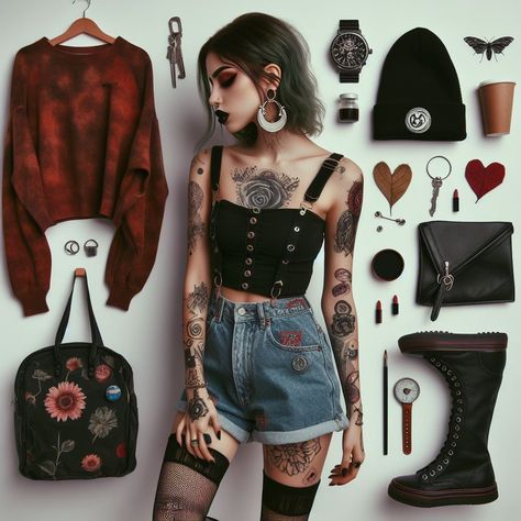 Punk Witch Outfit, Venus Inspired Outfits, Laura Aesthetic, Scorpio Venus Style, Fem Cosplay, Fluid Aesthetic, Fem Clothing, Miranda Rights, Thrift Store Fashion Outfits