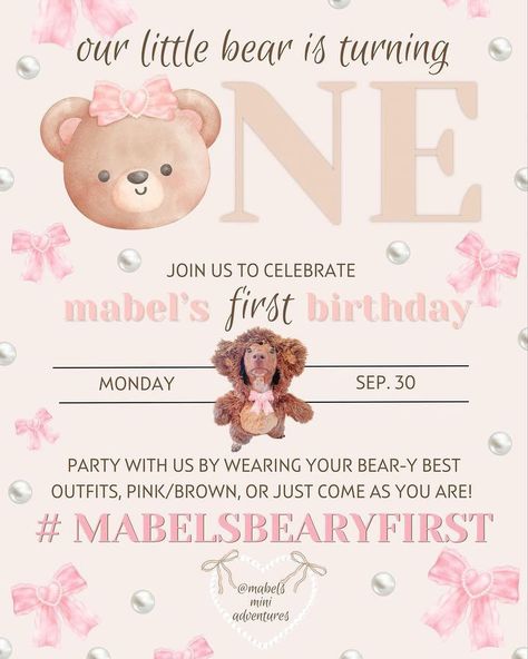 Mabel is ONE beary cute birthday girl 🐻🎀 Happy birthday sweet girl! I hope you had the best day ever! We love you bestie 🧸🎀🤎 (we didn’t have a bear so we used our giant stuffed ween lol) @mabelsminiadventures #mabelsbearyfirst also look how cute my new bandana is from @halipup Bear First Birthday Party Girl, Bear 1st Birthday Party Girl, Teddy Bear First Birthday Girl, Teddy Bear Theme Party 1st Birthdays, Beary First Birthday Girl, Happy Birthday Sweet Girl, Teddy Bear Birthday Party, Love You Bestie, Teddy Bear Party