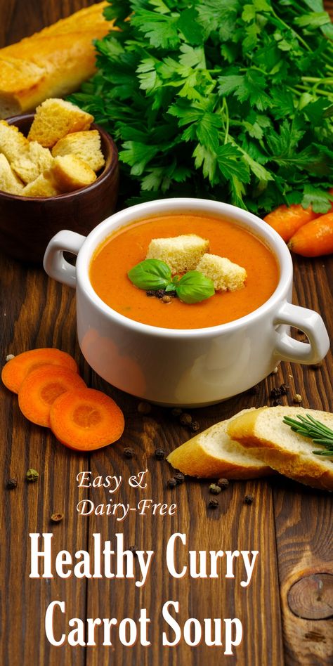 Curry Carrot Soup Recipe (6-Ingredient, Healthy, Vegan & Creamy) Curry Carrot Soup, Soup Recipe Vegan, Curried Carrot Soup, Curry Soup Recipes, Canned Carrots, Carrot Curry, Dairy Free Salads, Creamy Carrot Soup, Carrot Soup Recipes