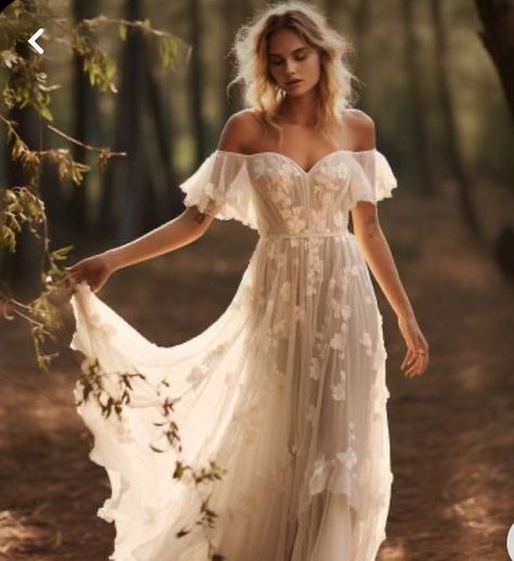 Fairy Cottage Wedding Dress, Flowy Fairy Wedding Dress, Fairy Lace Wedding Dress, Flowy Romantic Dresses, Beach Wedding Gown Boho, Wedding Dress Fairy Forest, Flowy Flower Wedding Dress, Boho Wedding Dress Flowy Sleeves, Off Shoulder Whimsical Wedding Dress