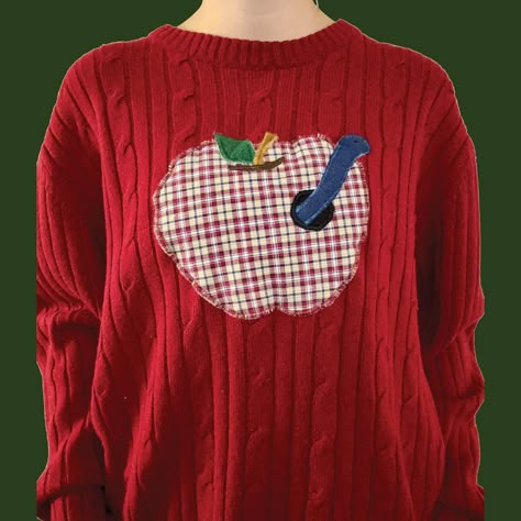 🍎🐛 Fiona Apple Shirt Diy, Remaking Clothes, Apple Sweater, Painting Crochet, Mending Ideas, Apple Clothes, Color Analysis Winter, Twee Aesthetic, Knitting Patchwork