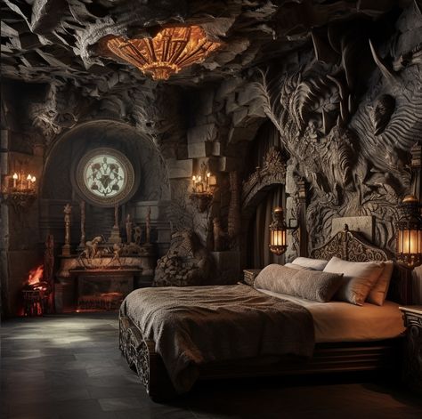 Fantasy Cave Bedroom, House Of The Dragon Bedroom, House Of The Dragon Interior, Dragon Room Aesthetic, Dragonstone Bedroom, Castle Bedroom Fantasy Art, Cave Room Aesthetic, Medieval Aesthetic Room, Dragonstone Interior