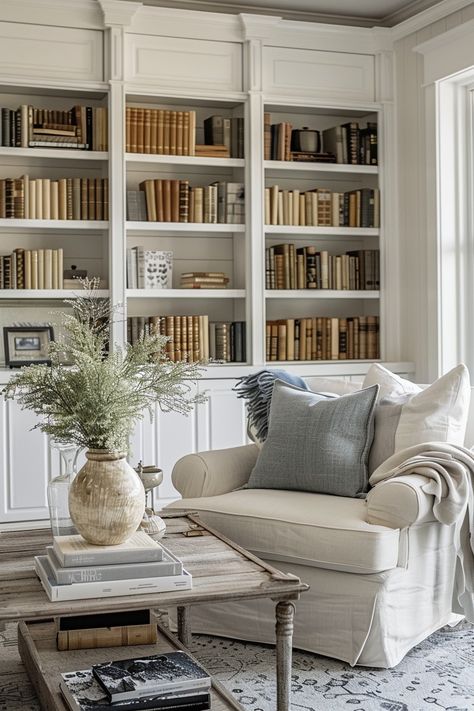 White Built Ins Decor, Home Library Decor Bookshelf Styling, French Country Bookshelf Decor, Lommarp Bookcase Ideas, French Provincial Bookshelf, Library Home Design, Built In Bookshelves White, Light Academia Home Library, Large Bookcase Styling