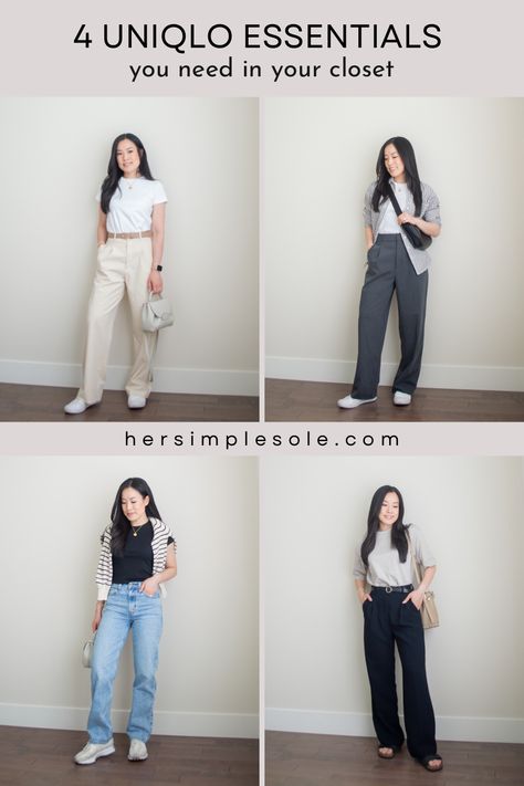 Pants Essentials Women, Uniqlo Office Outfit, Uniqlo Business Casual, Uniqlo Inspired Outfits, Women Uniqlo Outfit, Business Casual Outfits Minimalist, Uniqlo Basics, Uniqlo Style Outfits, Uniqlo Outfits Women