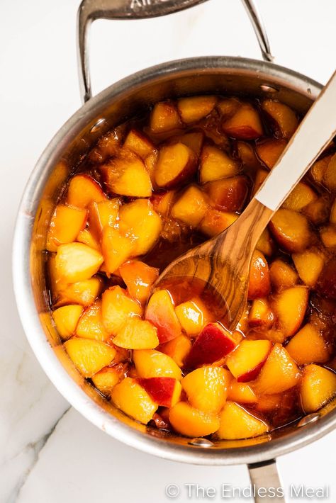 Savor the sweet taste of summer with this maple peach compote. It's a versatile recipe that's perfect over pancakes, waffles, or vanilla ice cream. It's quick and easy-to-make, and uses only 3 ingredients! #theendlessmeal #peachcompote #compote #peach #peaches #syrup #peachsyrup Healthy Barbecue Sauce, Diy Barbecue Sauce, Peach Bbq Sauce Recipe, Barbecue Sauce Recipe Easy, How To Make Barbecue, Peach Pancakes, Diy Barbecue, Peach Bbq, Healthy Barbecue