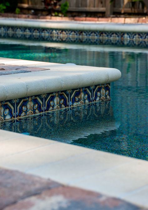 Mediterranean Pool Tile, 6x6 Pool Tile Ideas, Spanish Pool Design, Spanish Tile Pool, Spanish Style Pool, Pool Waterline Tile Ideas, Mosaic Tile Pool, Decorative Pool Tiles, Spanish Pool