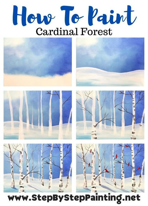 Painting Birch Trees Tutorial, Winter Birch Tree Art For Kids, Paint Birch Trees Tutorial, Easy Birch Tree Painting, Beginner Winter Painting, How To Paint Winter Trees, Winter Pictures To Paint, How To Paint Winter Scene Step By Step, Paint And Sip Ideas Step By Step Winter