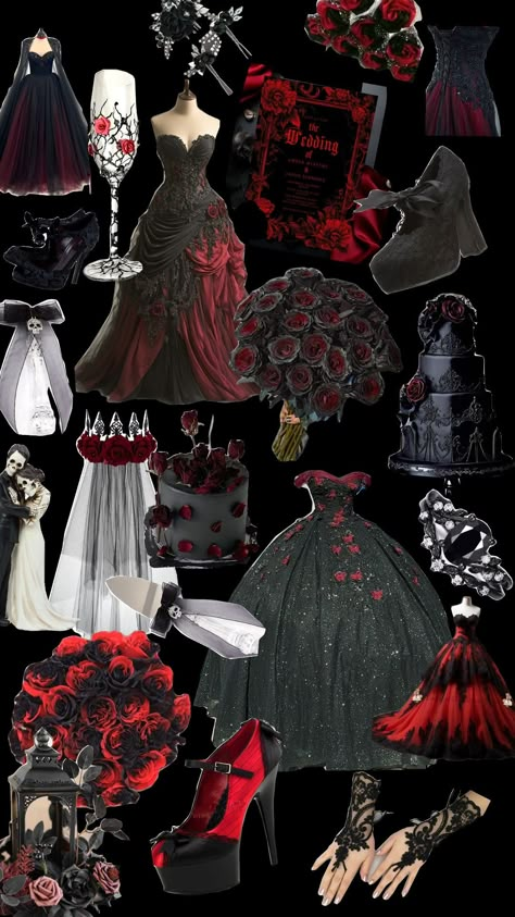 Red Black And Grey Wedding Ideas, Dark Red And Black Wedding Dress, Black And Red Gothic Wedding Theme, Quinceanera Themes Red And Black, Black And Red Quince Theme, Red Black Quinceanera Theme, Vampire Theme Quinceanera, Black And Red Themed Wedding, Vampire Quinceanera Theme