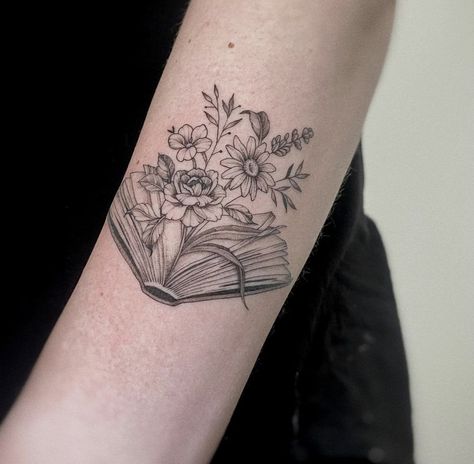 Book Tattoo Shoulder, Tattoo Book With Flowers, 4:44 Tattoo Ideas, Book And Rose Tattoo, Unique Book Tattoo Ideas For Women, Book Leg Tattoo, Bookish Spine Tattoos For Women, Open Book Flower Tattoo, Flowers Coming Out Of Book Tattoo