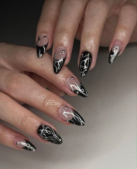 Emo Chrome Nails, Black Biab Nail Designs, Black Nail Inspo Grunge, Metalcore Nails, Goth Almond Nails Designs, Funky Nails Black, Black Rockstar Nails, Black Nail Designs Aesthetic, Edgy Nails Grunge Coffin