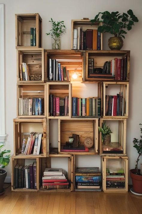 "Transform wooden crates into a beautiful and practical bookshelf! 🛠️📚 Ideal for creating custom storage with a rustic, handmade feel. 🌿✨ #DIYBookshelf #WoodCrafts #HomeDecor" Homemade Library Bookshelves, Book Furniture Diy, Library Diy Ideas, Homemade Wood Shelves, Creative Bookshelf Ideas, Wooden Bookshelf Design, Diy Book Display, Creative Bookshelves Diy, Wood Crate Bookshelf