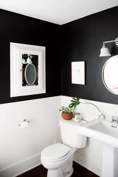 Half Bathroom Ideas Black, Half Bathroom Storage, Black And White Half Bathroom, Black Half Bathroom, Black Tile Bathrooms, Half Bathroom Ideas, White Bathroom Paint, Powder Room Remodel, Black Bathroom Decor