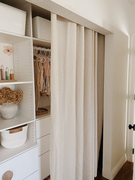 Closet Door Alternative, Curtains For Closet Doors, Door Alternatives, Diy Closet Doors, Bedroom Closet Doors, Closet Curtains, Beautiful Closets, Nursery Closet, Open Closet