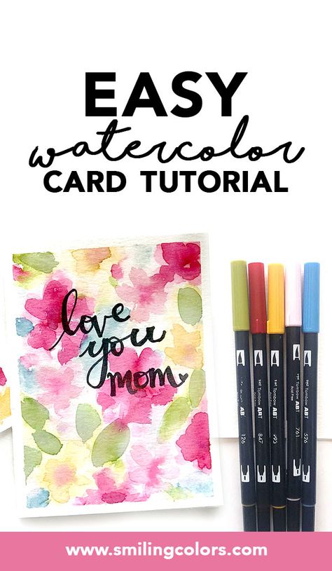 Easy watercolor card idea using Tombow Dual brush pens for watercoloring. Supplies and tutorial with video in post. Making Watercolor Cards, Tombow Pens, Diy Watercolor Cards, Watercolor Card Ideas, Painting Cards, Handmade Stationary, Watercolor Brush Pens, Watercolor Practice, Tombow Brush Pen