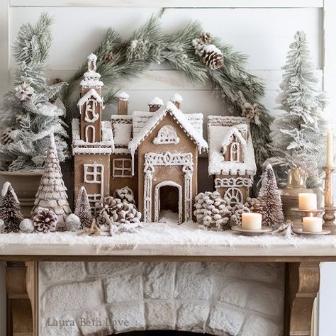 Gingerbread Xmas Decor, Gingerbread Mantel Ideas, Christmas Decoration Themes For Home, Gingerbread House Display Ideas, Neutral Gingerbread Christmas Decor, Gingerbread Mantle Decor, Gingerbread Mantle, Christmas Fireplace Decorations, Christmas Gingerbread Decor