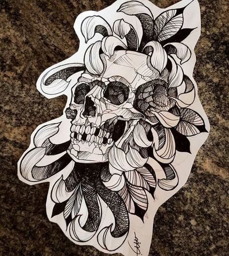 Skull And Chrysanthemum Tattoo, Skull Inside Flower Tattoo, Rear Shoulder Tattoo, Skull Peony Tattoo, Japanese Skull Tattoo, Shin Tattoo, Artwork Pencil, Skull Model, Chrysanthemum Tattoo