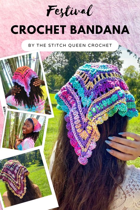 Maker your festival dreams come true this year by creating your own beautifully, unique, crochet bandana. Keep all your hair tucked away in style this festival season! There is a Free Video Tutorial + Paid Written Pattern Available! - Big Wanderlust Bandana by The Stitch Queen Crochet How To Style Crochet Bandana, Crochet Hair Bandana Tutorial, Crocheted Hair Bandana, Easy Bandana Crochet, Crochet Boho Hat Free Pattern, Crochet Hair Wraps Free Pattern, Festival Crochet Patterns Free, Crocheted Bandana Free Pattern, Free Bandana Crochet Pattern