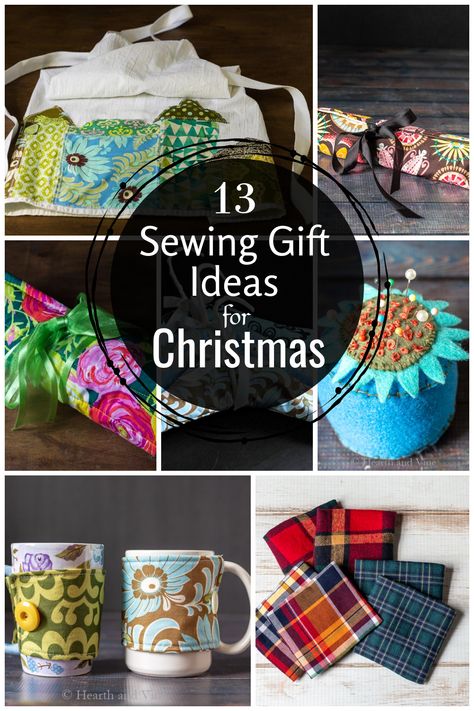 Collage of sewing gifts including hand warmers, mug covres, pin cushions, apron and makeup roll. Sewing Gifts For Teenage Girls, Useful Sewn Gifts, Christmas Sewing Ideas Easy, Easy Fabric Gifts To Make, Easy Sewing Projects For Christmas Gifts, Hostess Gifts To Sew, Sewable Christmas Gifts, Quick Quilted Gifts, Small Gifts To Sew For Women