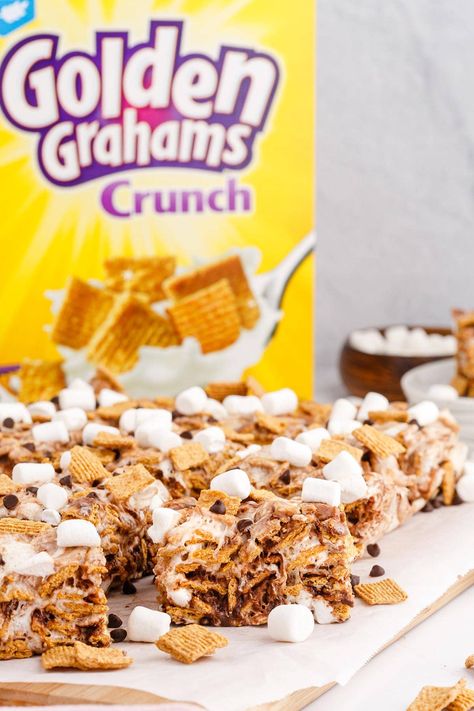 Golden Gram Treats, S’mores Crispy Treats, S’mores Golden Graham Bars, Golden Grams Smores, Golden Graham Rice Krispie Treats, Graham Cracker Rice Krispie Treats, S’mores Bars With Golden Grahams, Smores Bars With Golden Grahams, Golden Gram Smore Bars