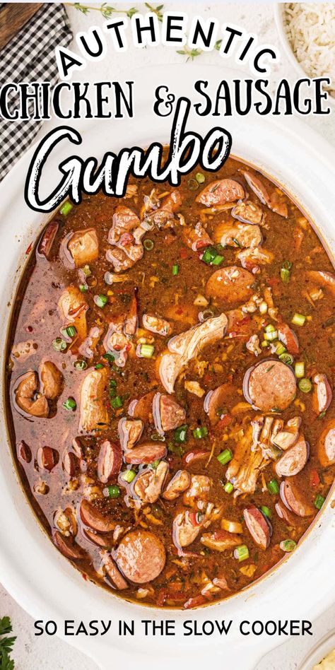 Gumbo Slow Cooker, Crockpot Gumbo, Gumbo Recipe Crockpot, Chicken And Sausage Gumbo Recipe, Sausage Gumbo Recipe, Recipe With Sausage, Gumbo Recipe Easy, Chicken And Sausage Gumbo, Chicken Sausage Gumbo