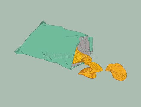 Bag Of Chips Illustration, Chip Bag Drawing, Bag Of Chips Drawing, Chips Cartoon, Chips Tattoo, Chips Drawing, Chips Illustration, Potato Chips Packaging, Chip Tattoo