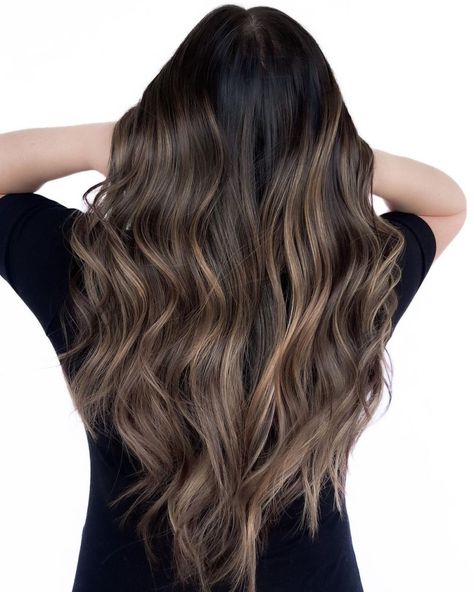 Black Hair with Creamy Hazelnut Highlights Black And Highlights, Black Hair With Balayage, Hazelnut Highlights, Brown Hair Lowlights, Black Hair Highlights, Bang Haircuts, Hair Balayage Ideas, Balayage On Black Hair, Hair Lowlights