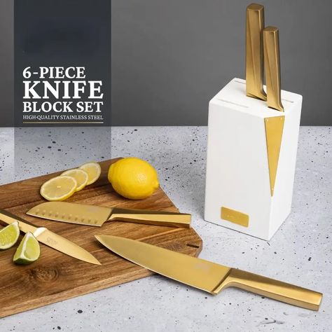 Slim Block Knife Set Gold Blades White Block - Temu White Kitchen Knife Set, Cupboard Styles, Wood Knife, Steak Knife Set, Knife Block Set, Gold Kitchen, Santoku Knife, Knife Set Kitchen, Kitchen Cupboard